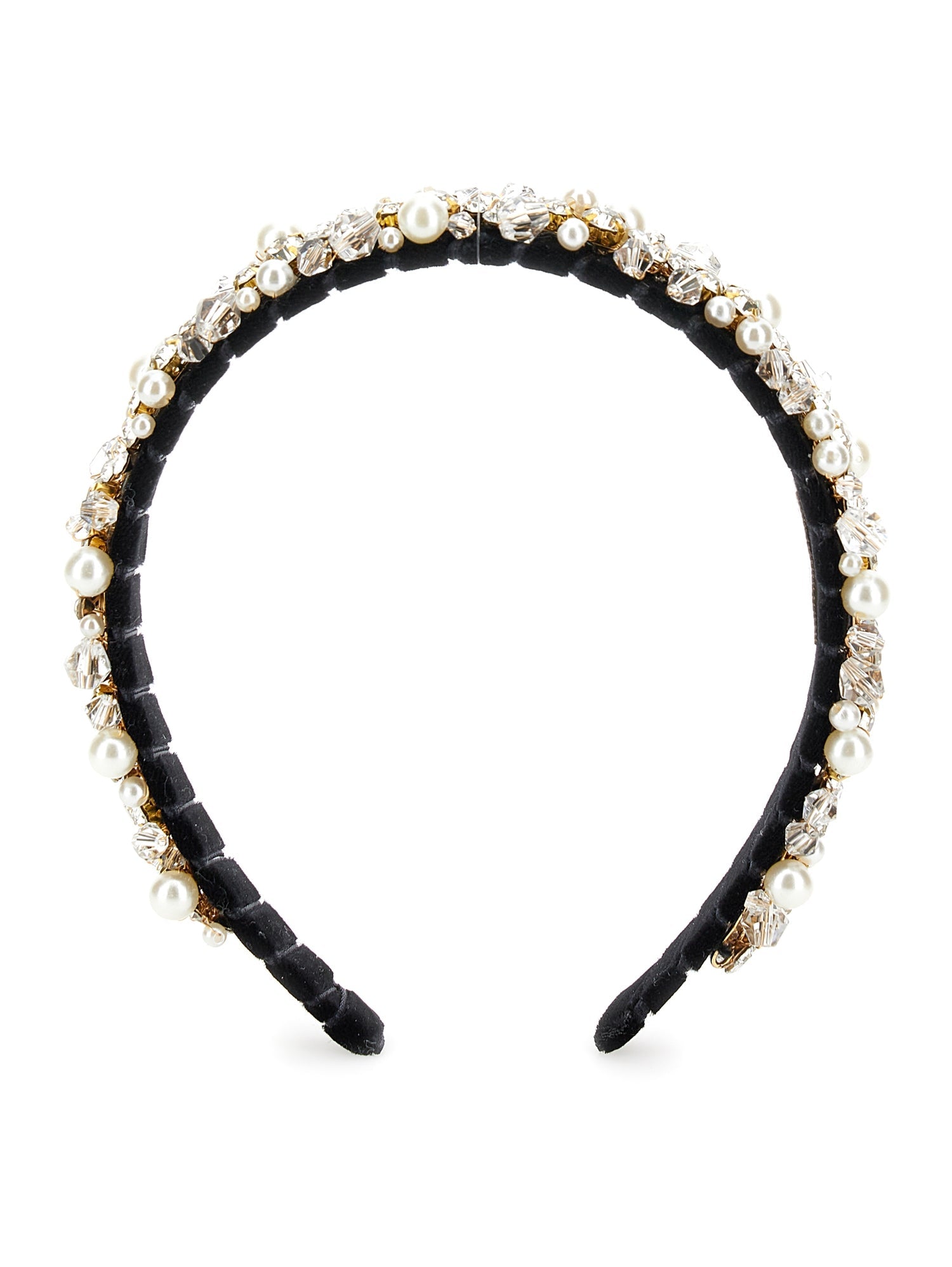 Girls | Velvet Headband With Rhinestones And Pearls | Black