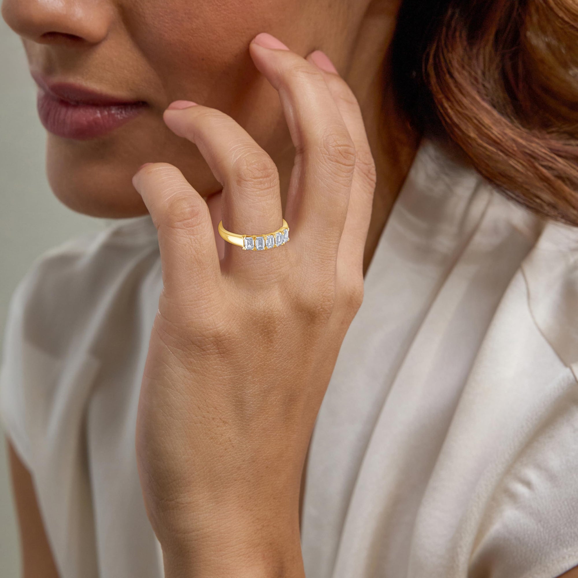 1.00 CT Emerald Lab-Grown Diamond | Five Stone Anniversary Wedding Band Ring | 14K Yellow Gold | G Color | VS Clarity