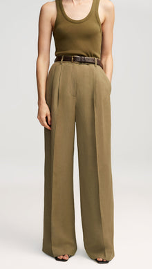 Pleated Trouser in Viscose Linen Twill | Khaki Green