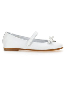 Girls | Pearly Leather Ballet Flats With Bow | Cream