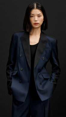 Colorblocked Double-Breasted Blazer in Seasonless Wool | Midnight/Black