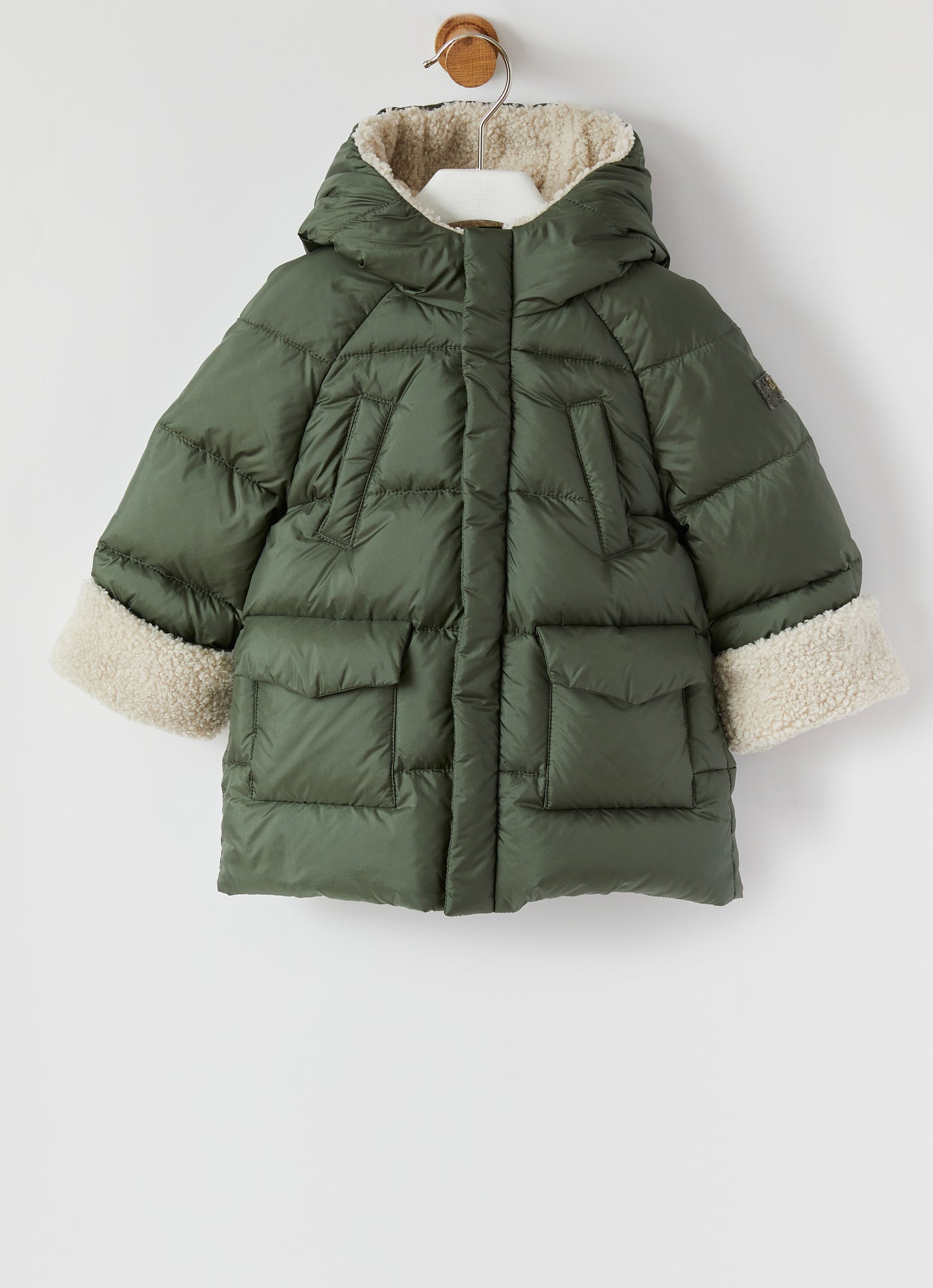 Long Down Jacket with Teddy Inserts | Fir Green