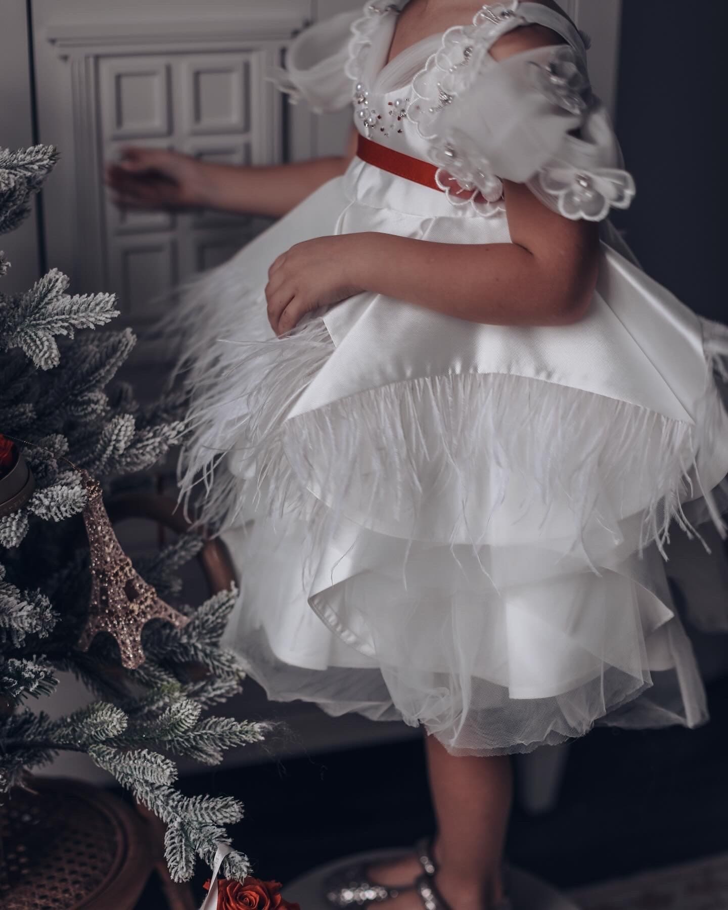 Constanza White Ceremony  Dress with Red Bow | Red