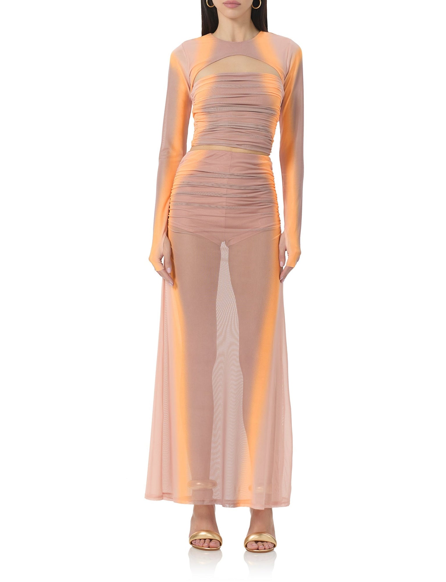 women's maxi length sheer skirt in nude and orange print