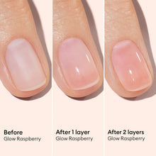 Three close-up images display a fingernail before application, after one coat, and after two coats of Manucurist Active™ Glow Raspberry polish—moving from bare to a progressively pinker, glossier finish that beautifully demonstrates the benefits of plant-based nail care.