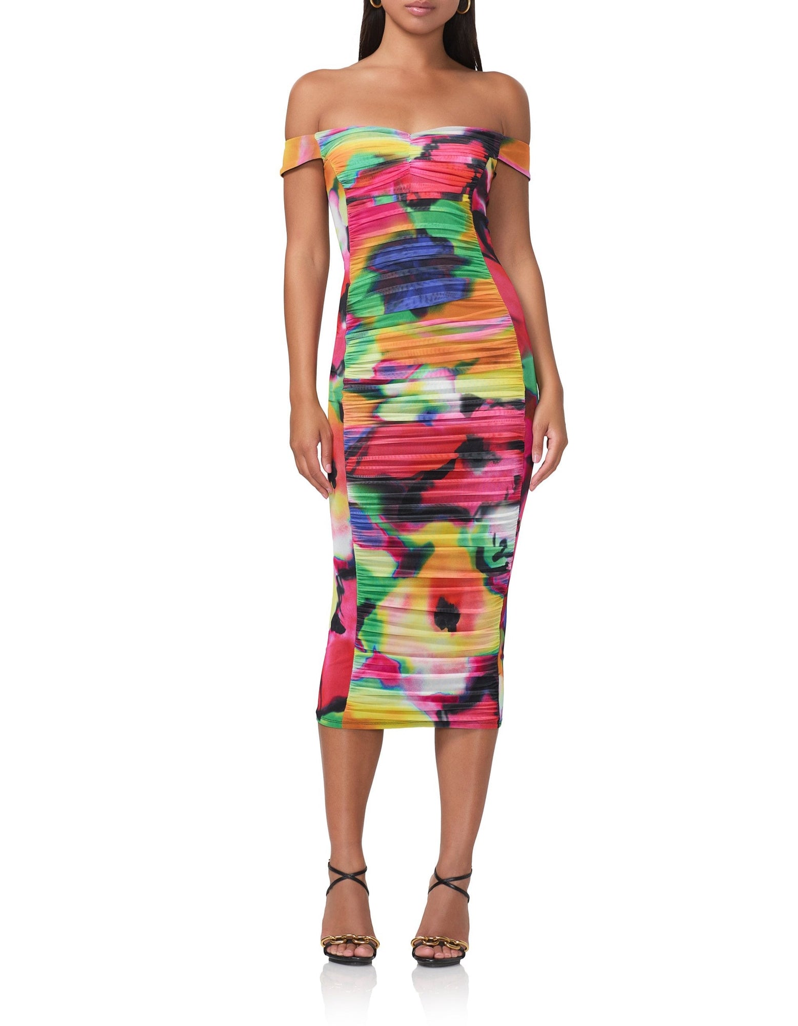 women's midi length fitted dress with removable neck tie in spray floral print