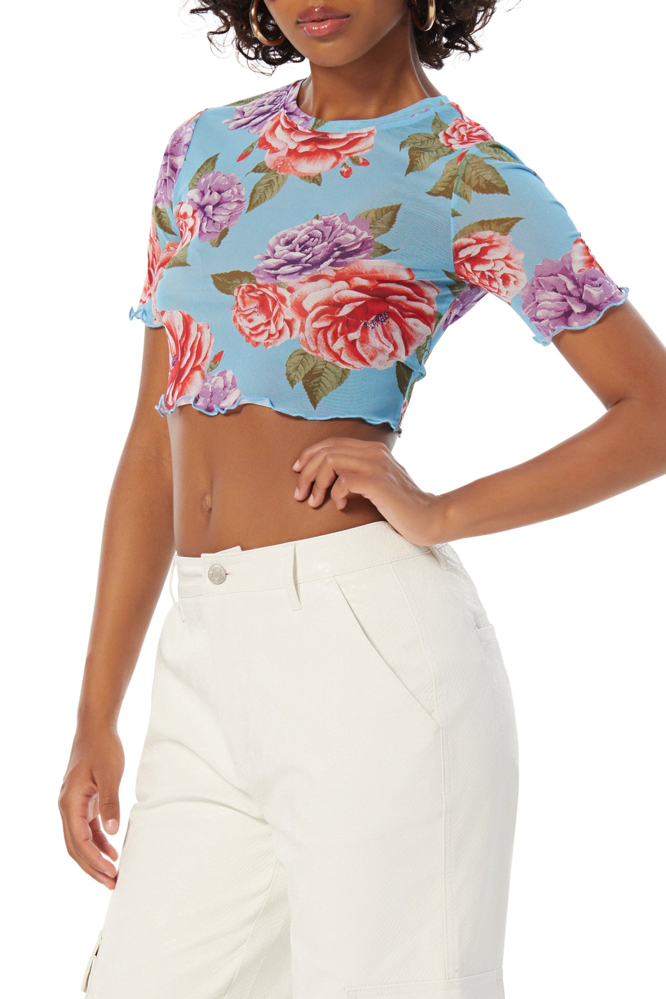 Isla Crew Neck Crop Mesh Tee | Blue Bouquet