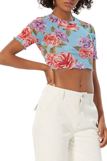 Isla Crew Neck Crop Mesh Tee | Blue Bouquet