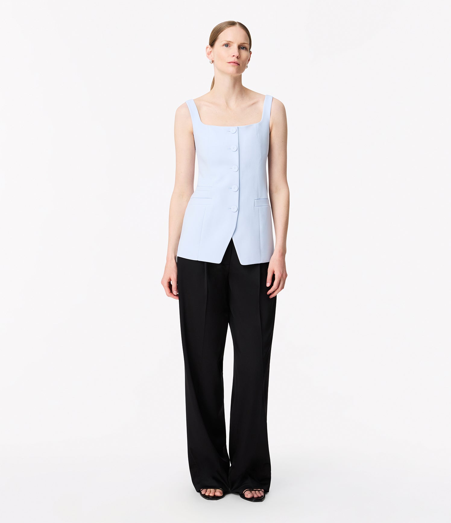 Another Tomorrow Square Neck Buttoned Top in French Blue – Viscose Women's Top