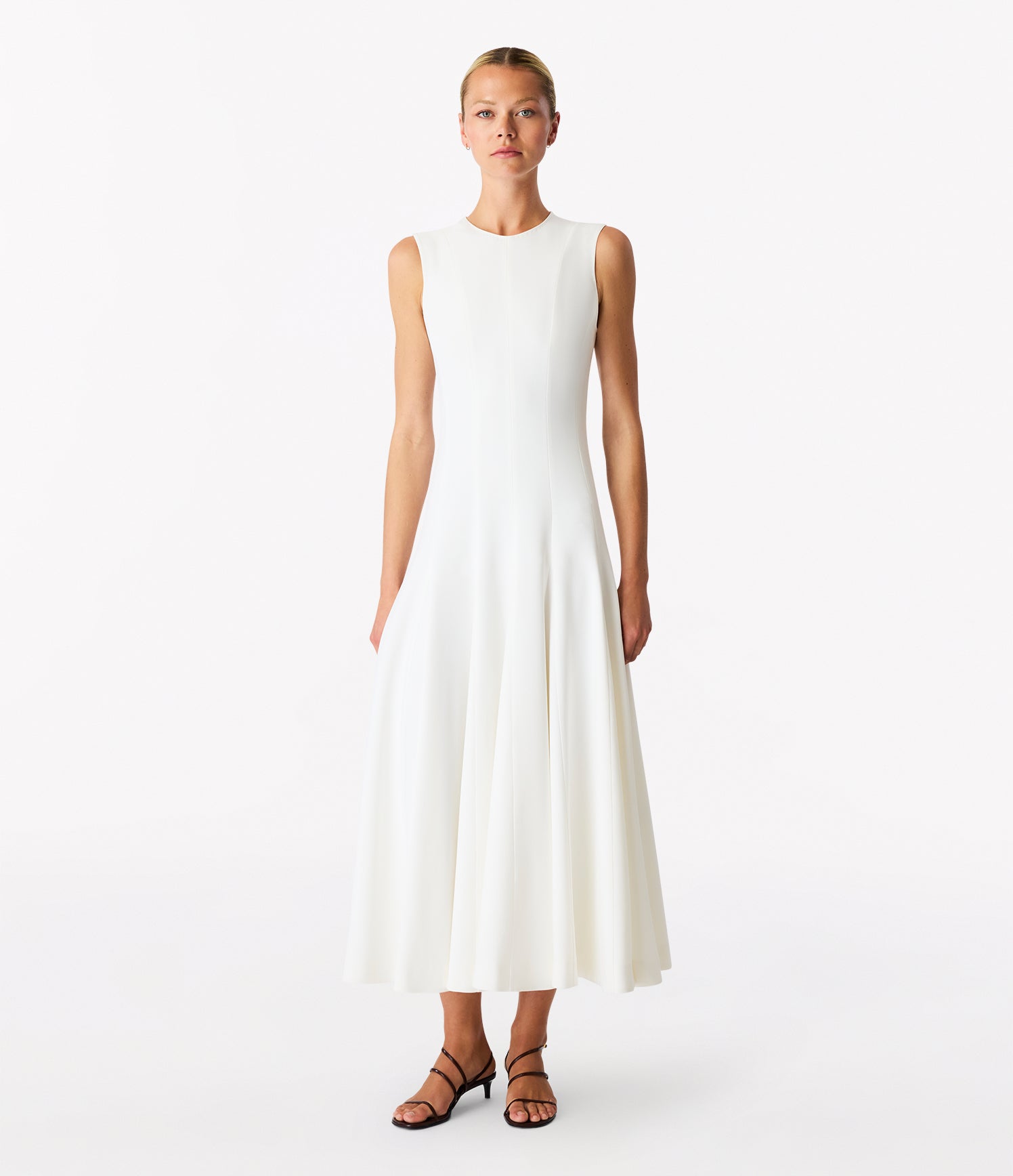 Another Tomorrow Panelled Flare Dress in White – Crêpe Women's Dress