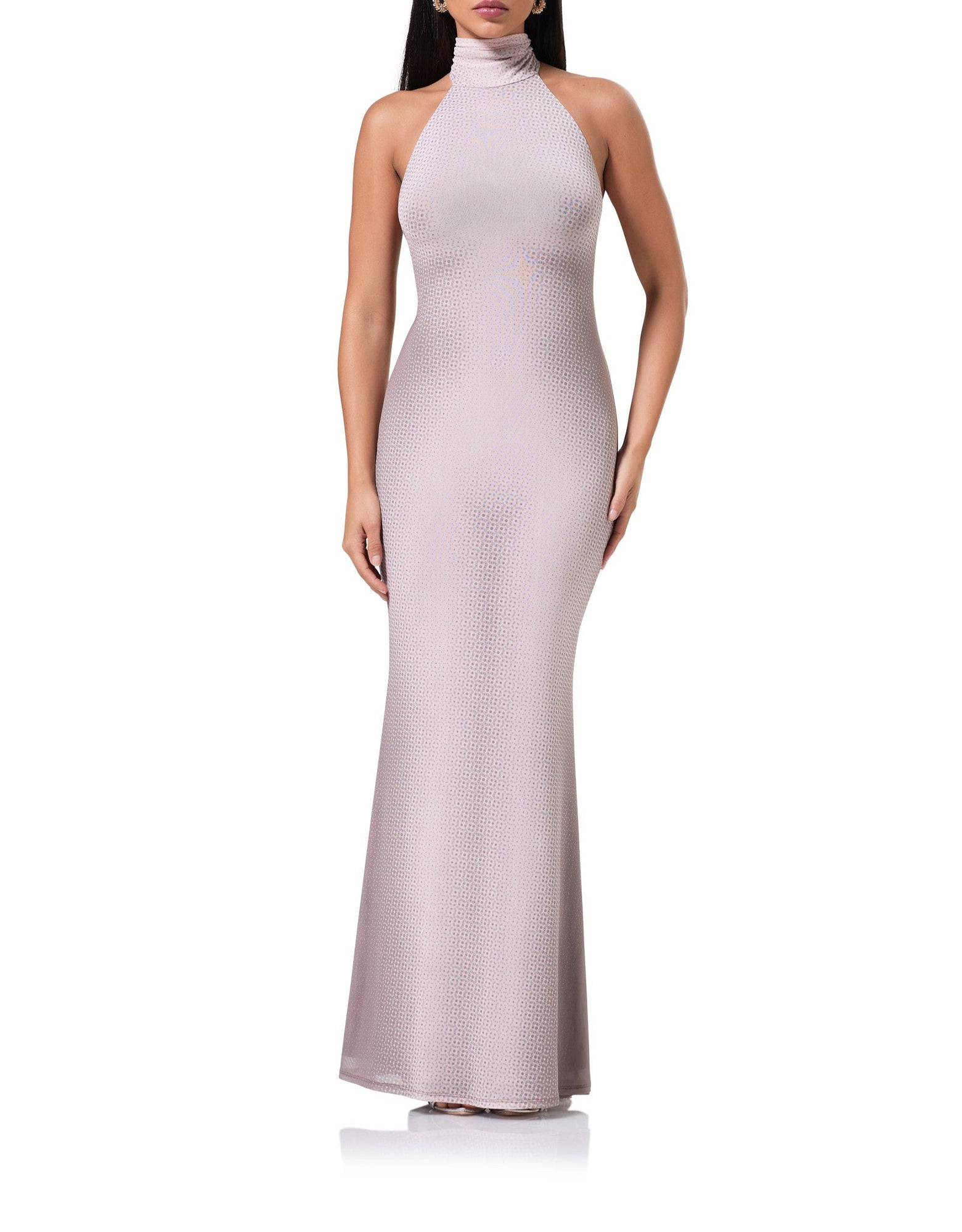 women's maxi dress with a halter neck in a nude illusion print