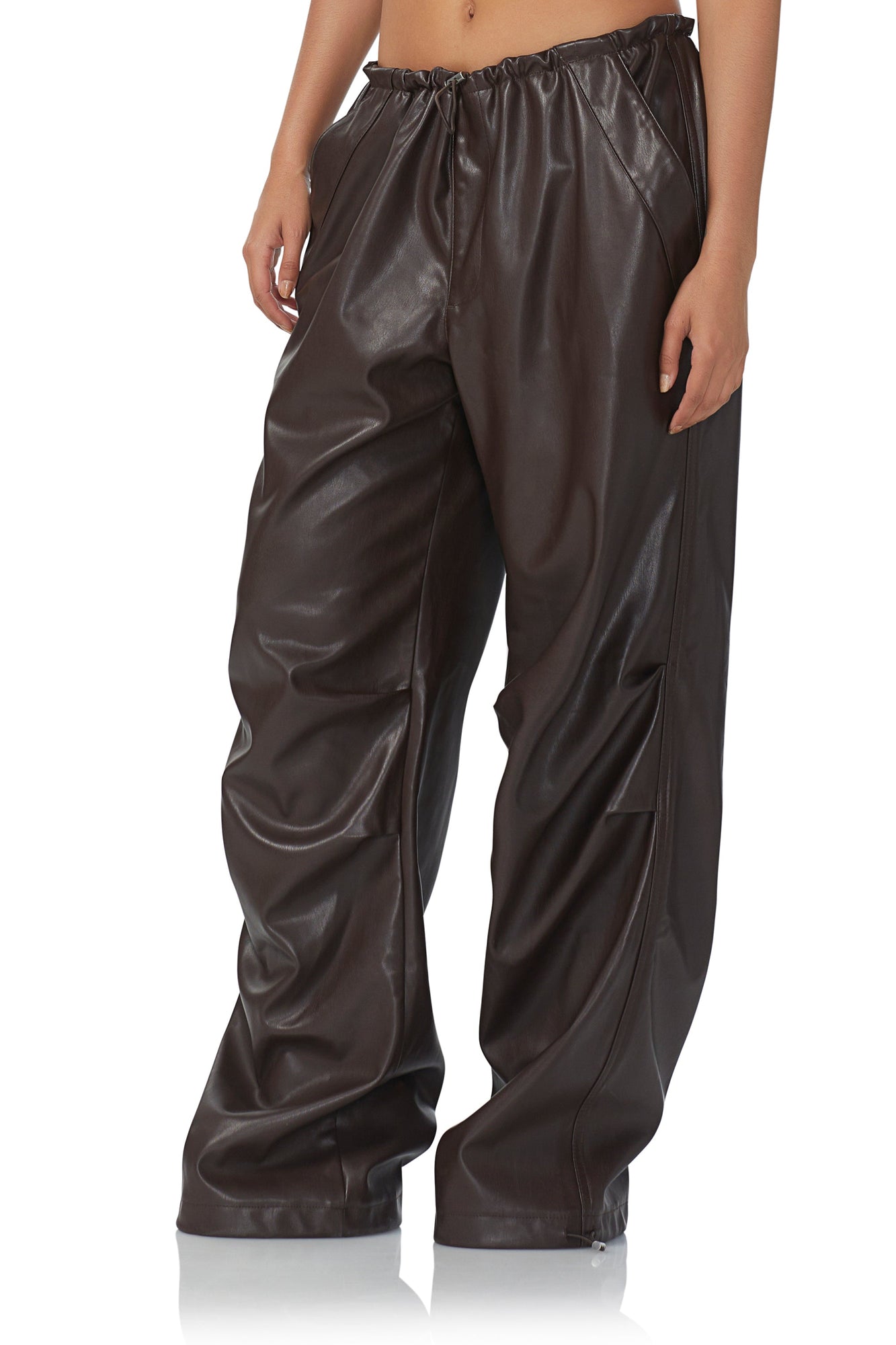 women's faux leather parachute style pant with adjustable hem details, and a oversized fit in java