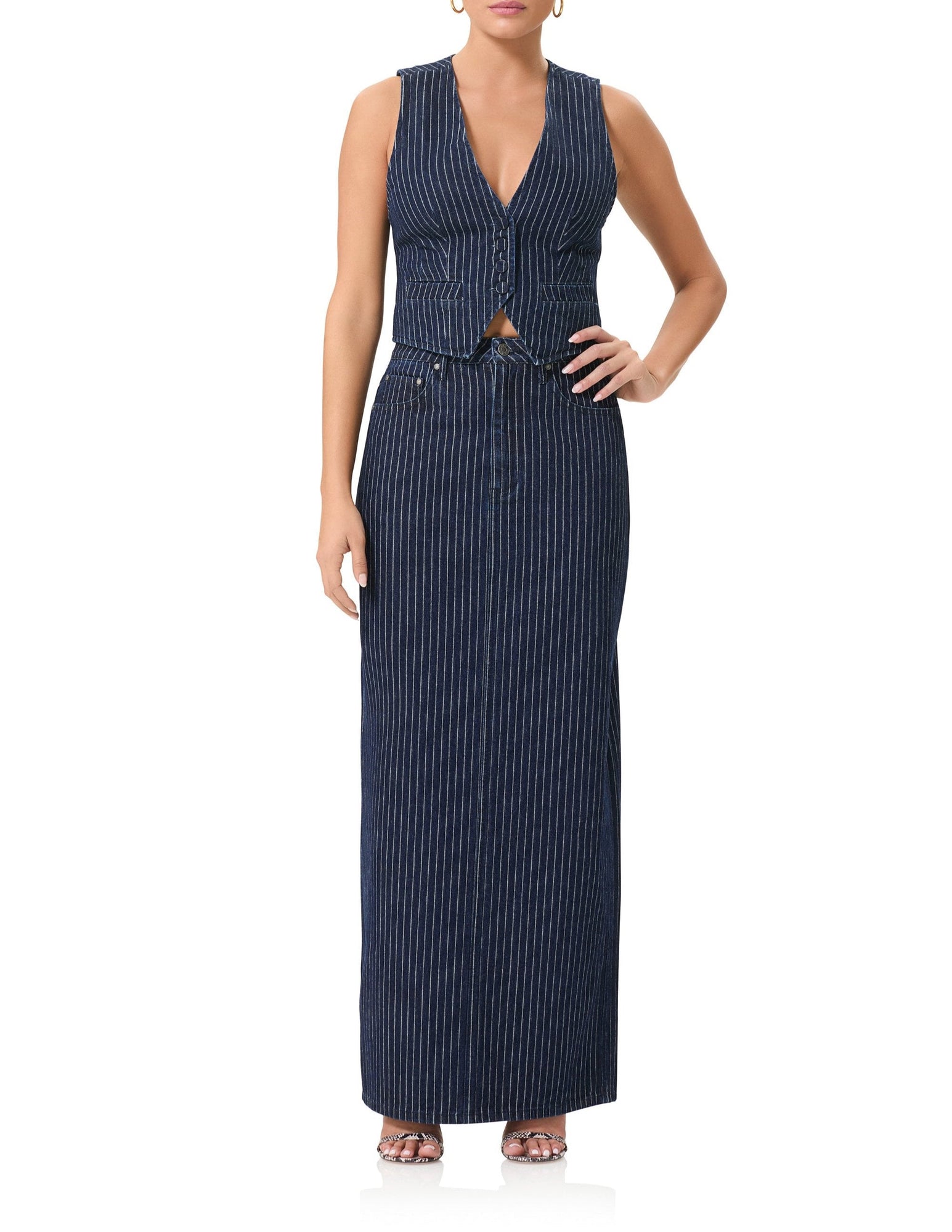 women's dark wash denim maxi length skirt with pin stripe detailing