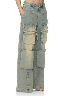 women's low rise wide leg cargo denim in mellow tint wash