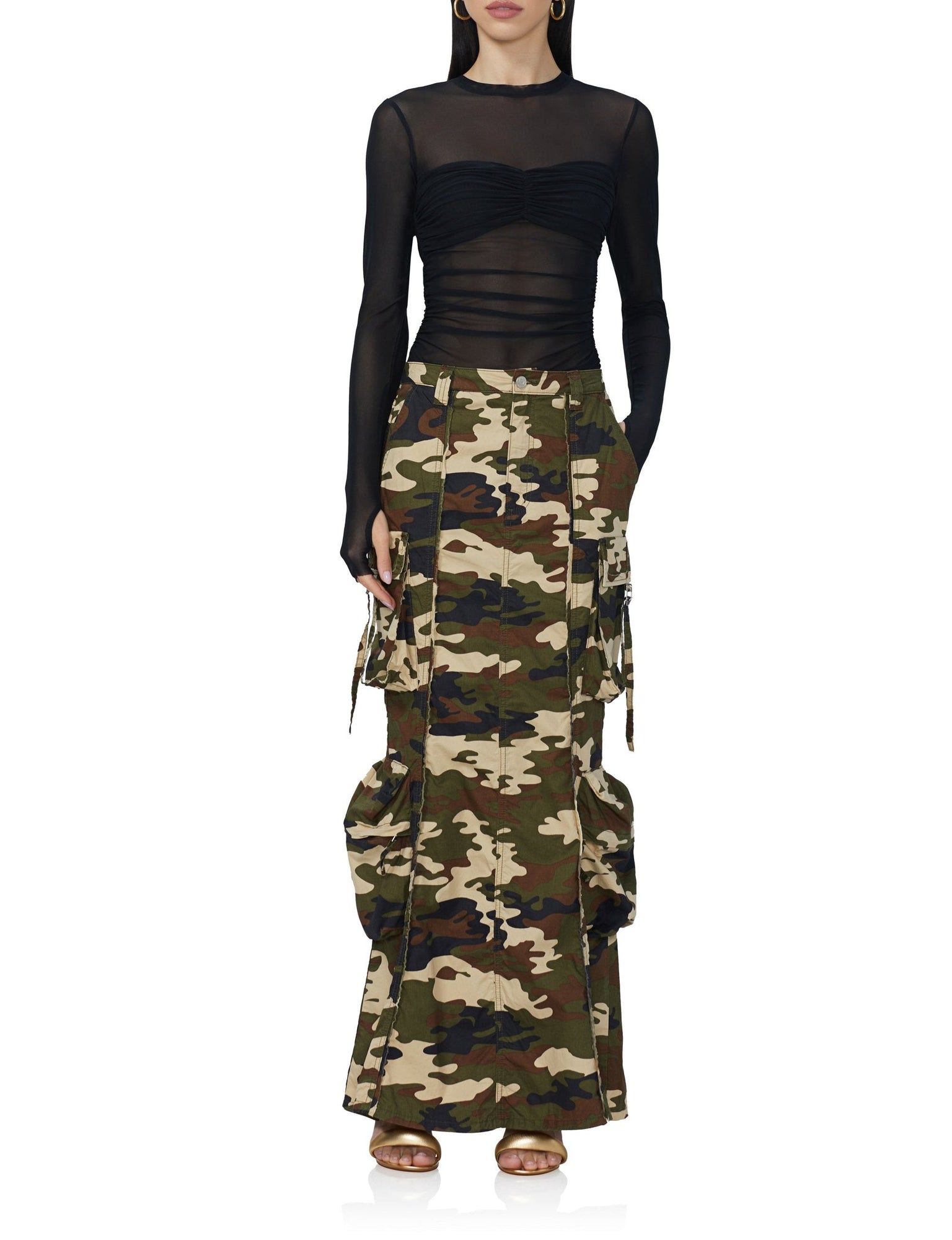 women's cargo maxi skirt in woodland camo print