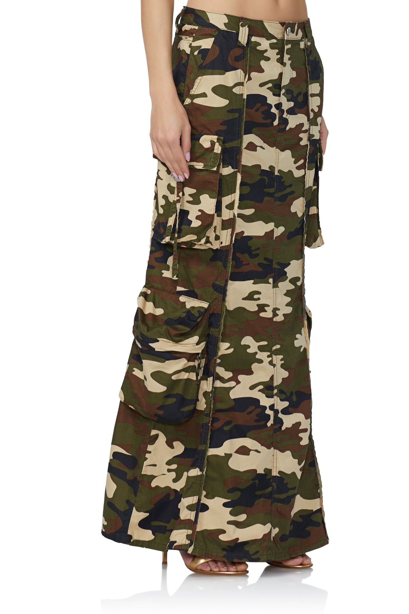 women's cargo maxi skirt in woodland camo print