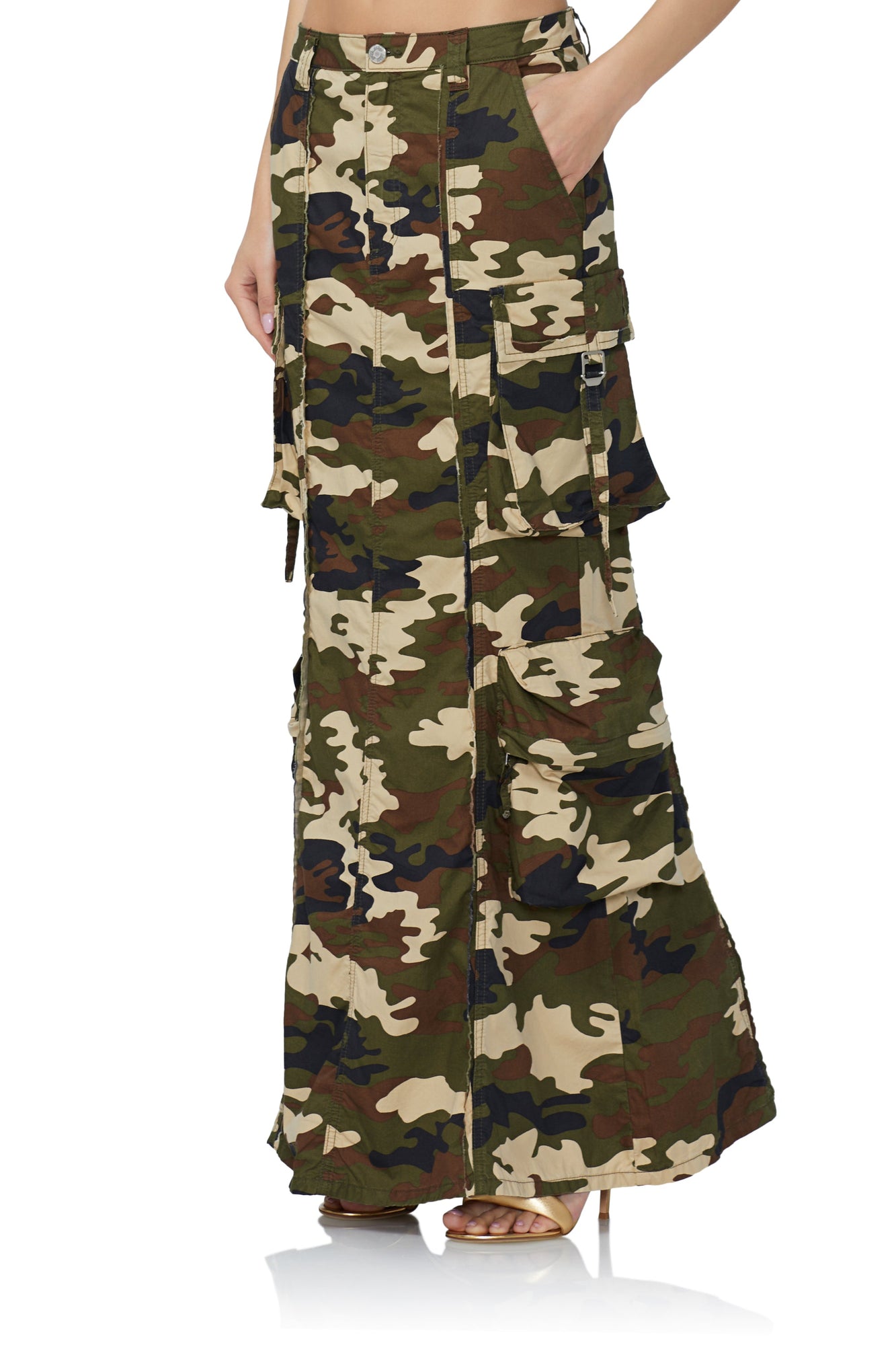 women's cargo maxi skirt in woodland camo print