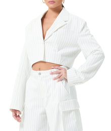 Petra Crop Blazer | White Grey Pinstripe