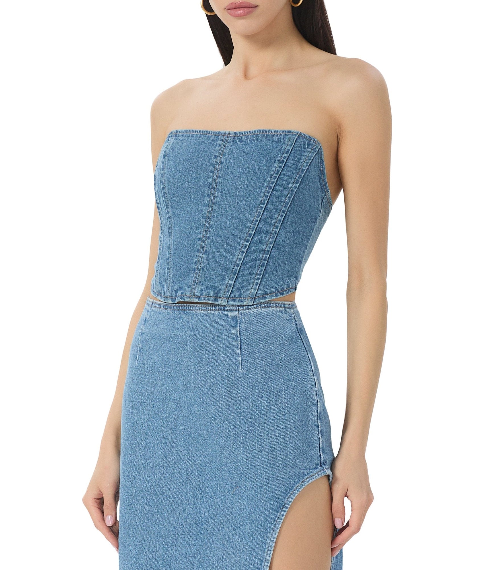 women's crop denim bustier top in blue denim wash