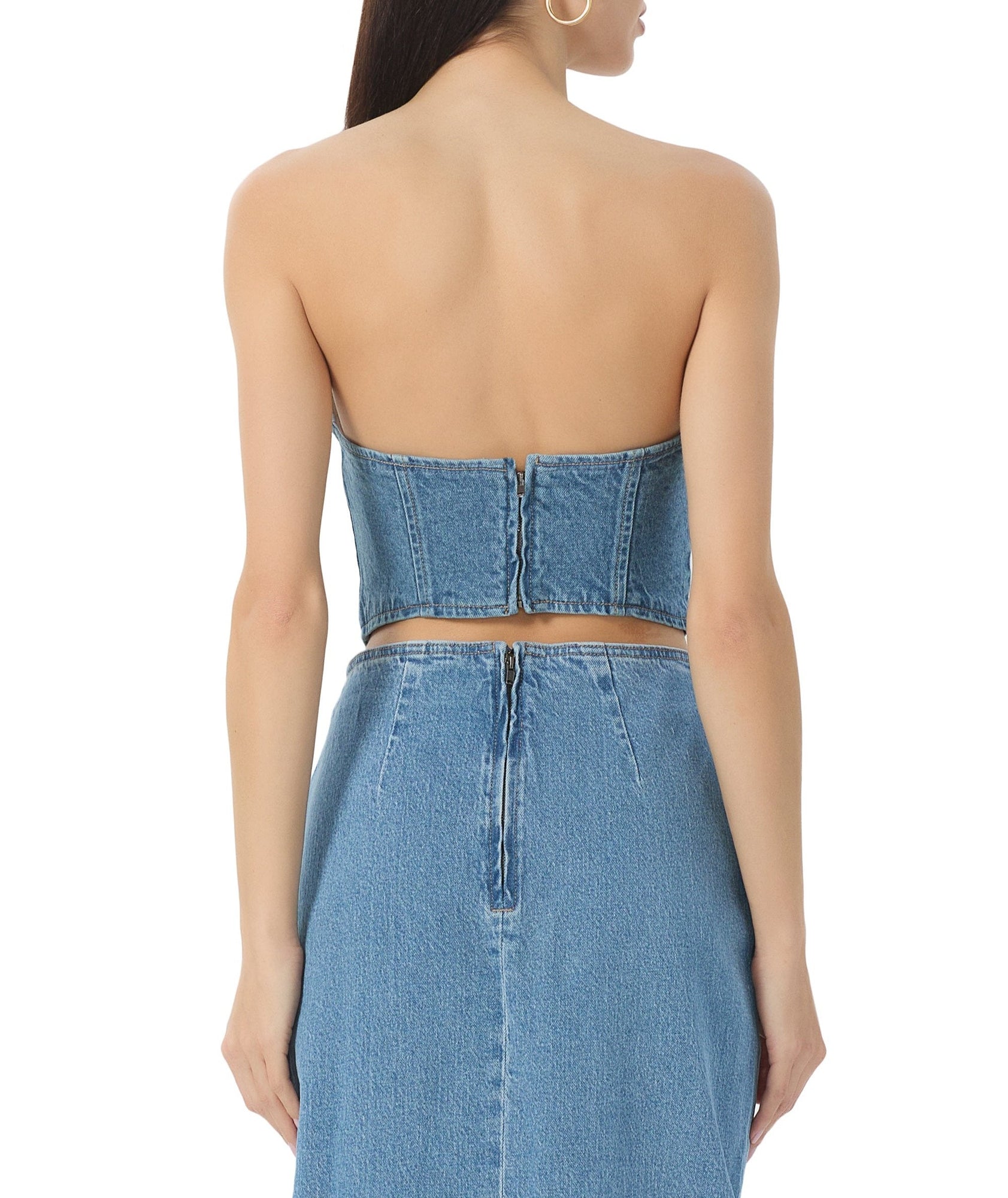 women's crop denim bustier top in blue denim wash