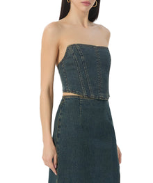 women's crop denim bustier top in dark denim wash