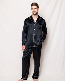 Men's Silk Pajama Set in Navy in Black#Color_Black