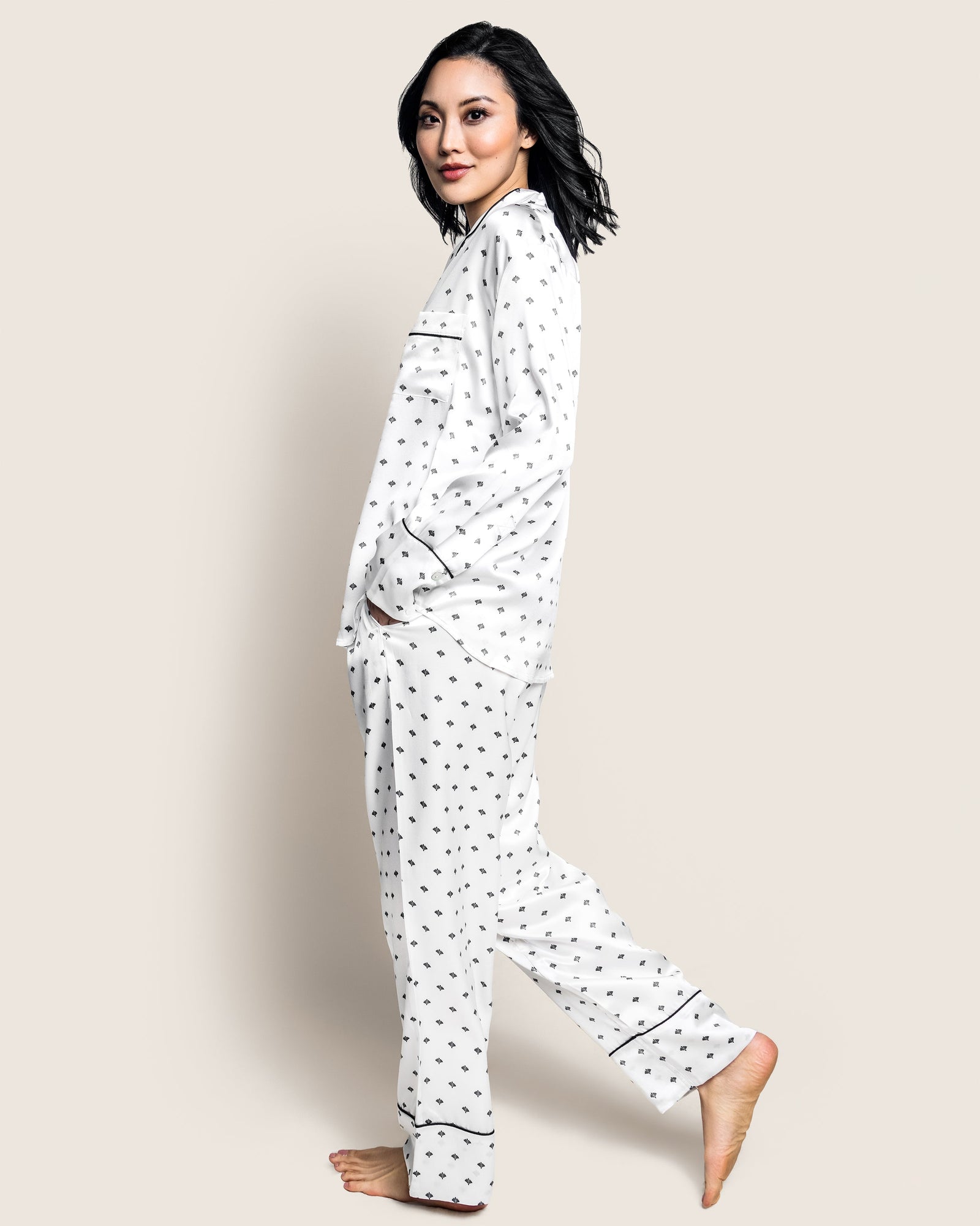 Women's Silk Pajama Set | White Art Nouveau