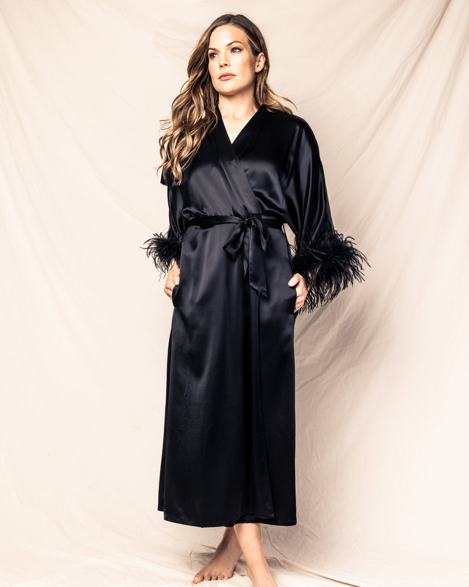 Women's Silk Long Feather Robe | Black