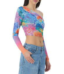 women's slightly off the shoulder long sleeve top in neon botanical print