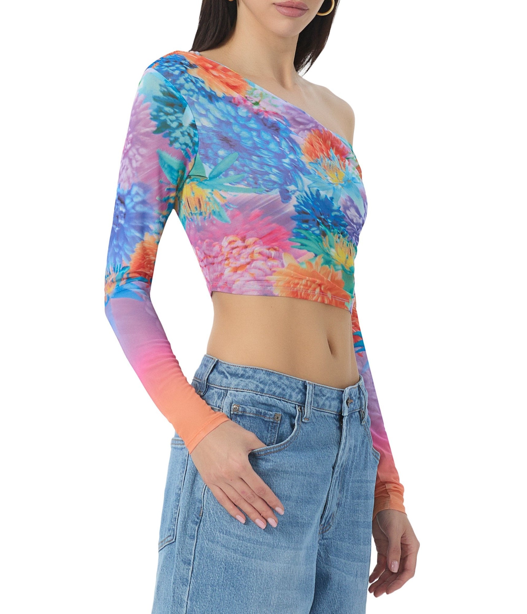 women's slightly off the shoulder long sleeve top in neon botanical print