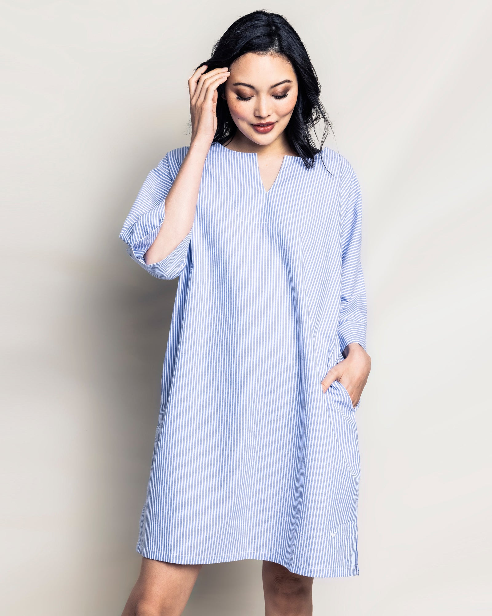 Women's Twill Short Caftan | French Blue Seersucker