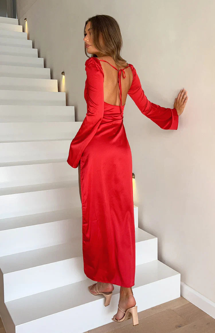 Airlea Satin Asymmetric Maxi Dress | Red