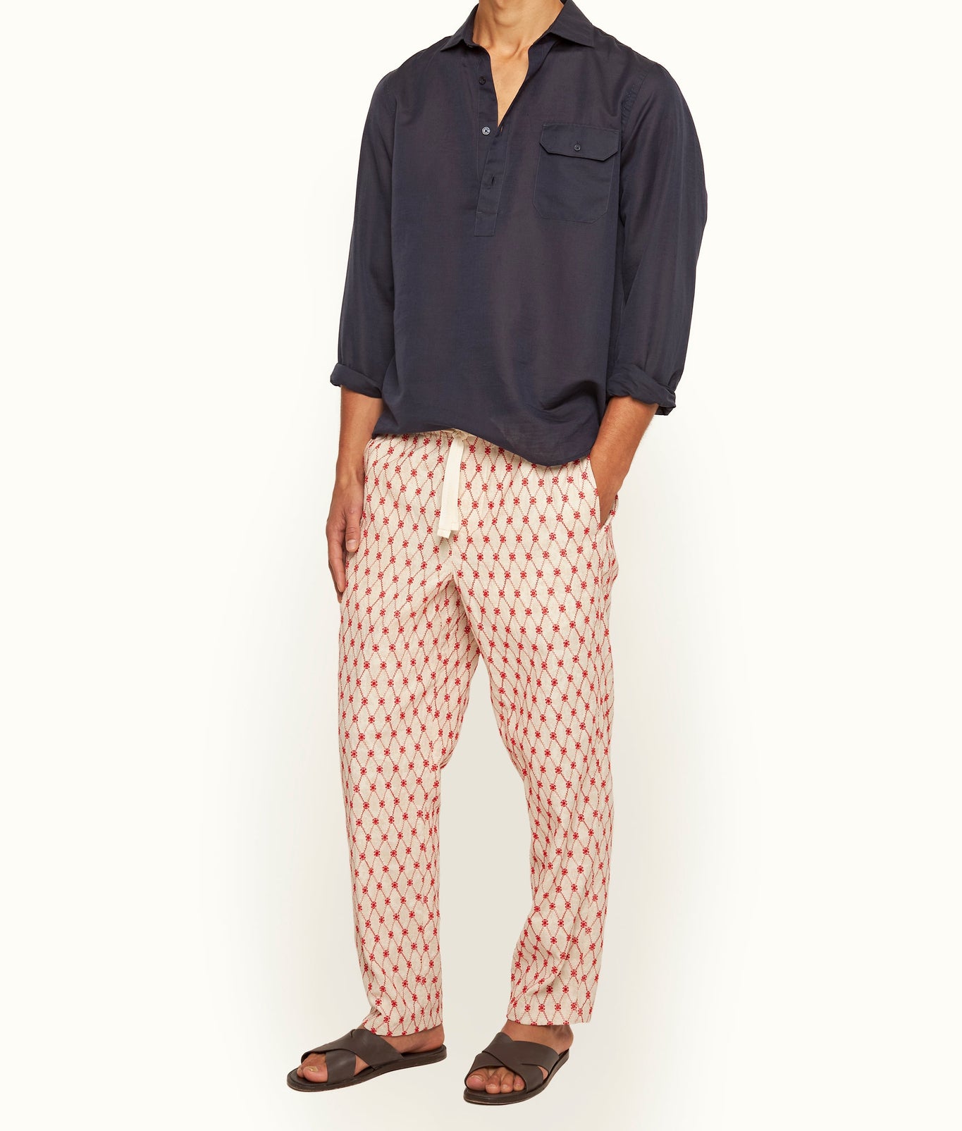 Alex Relaxed Fit Lattice Embroidery Jacquard Trousers | Summer Red/White Sand