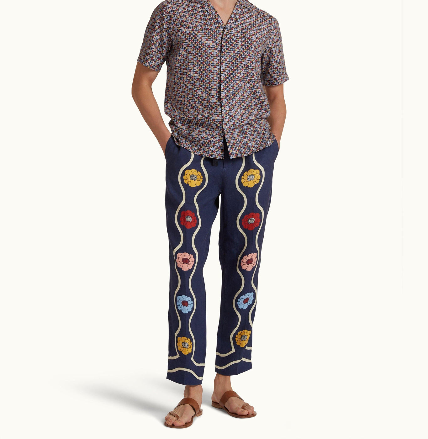 Alex Whitsun Print Linen Relaxed Fit Trousers | Midnight Navy