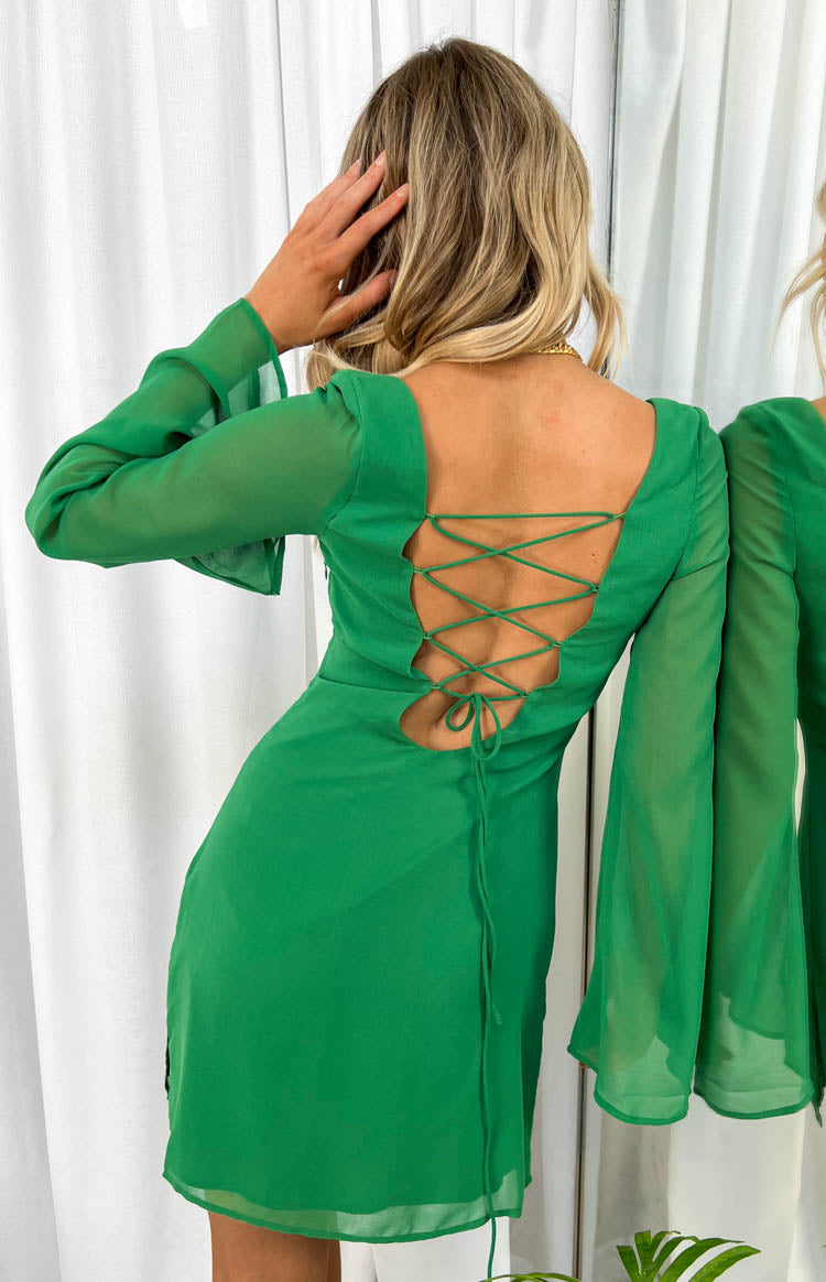 Amalfi Long Sleeve Lace Up Mini Dress | Green