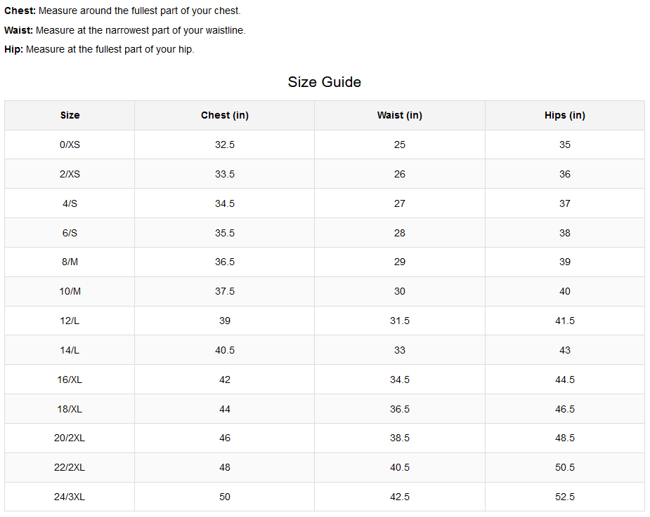 Product size guide