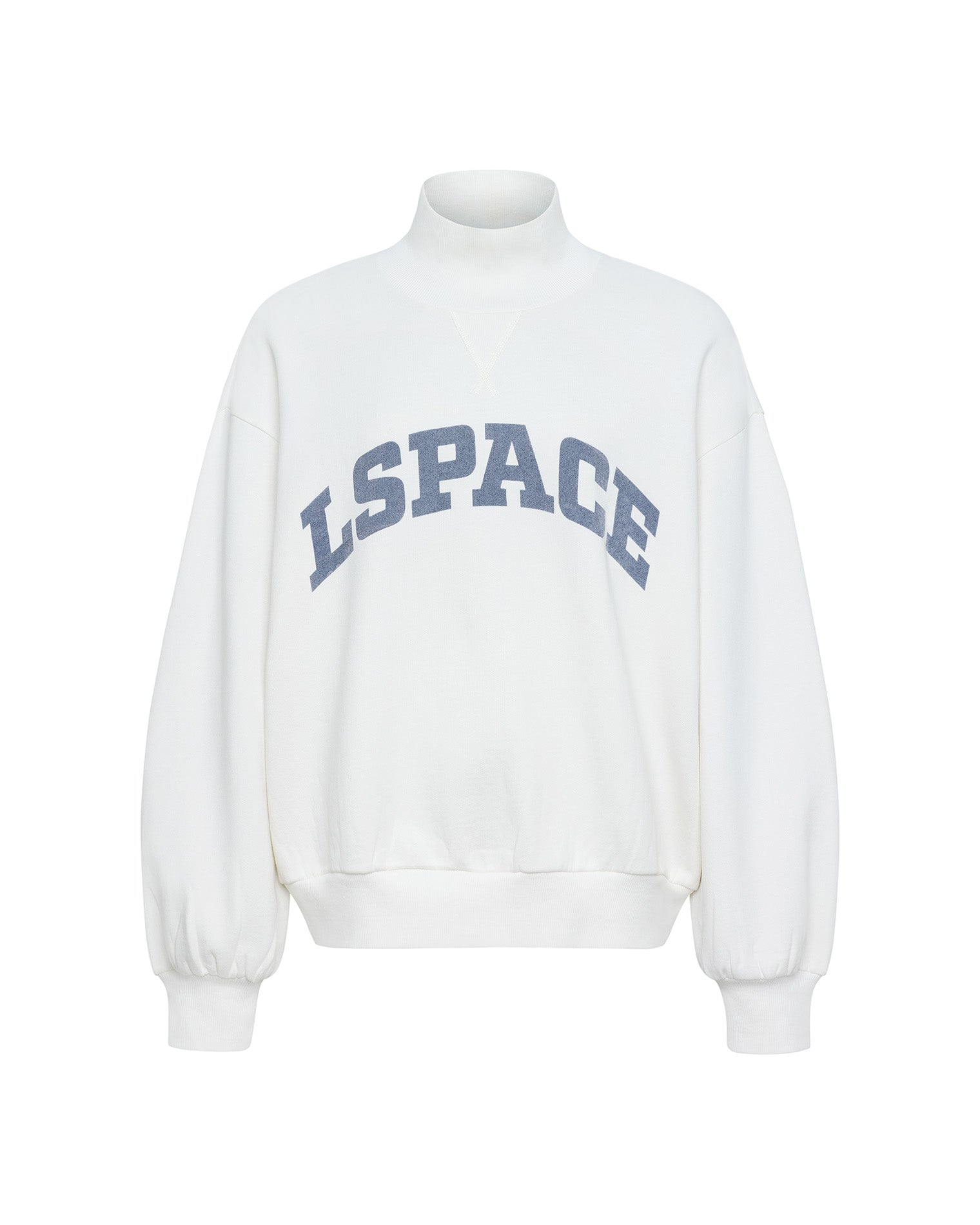Flat-lay product shot of the Crush Sweatshirt in cream, a cream quarter-zip pullover sweatshirt with "LSPACE" collegiate arch lettering in blue and slate.