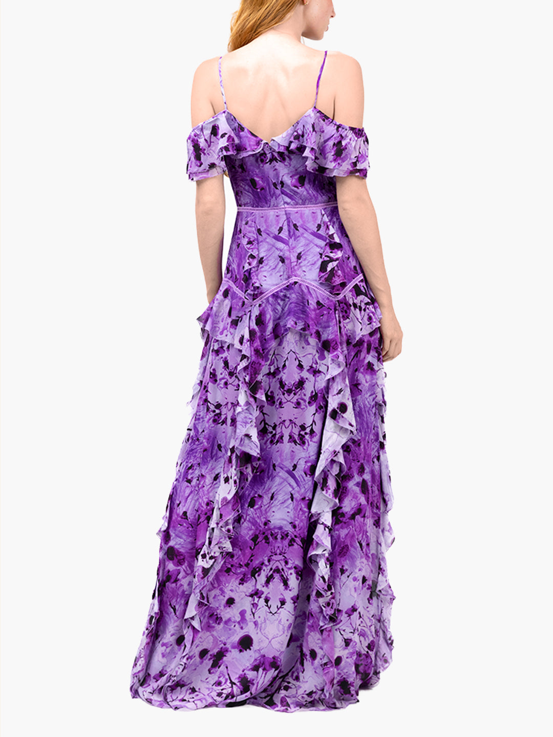 Painterly Print Georgette Off-Shoulder Gown | Purple