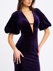 Coraline Velvet Bubble Sleeve Backless Maxi Dress | Purple
