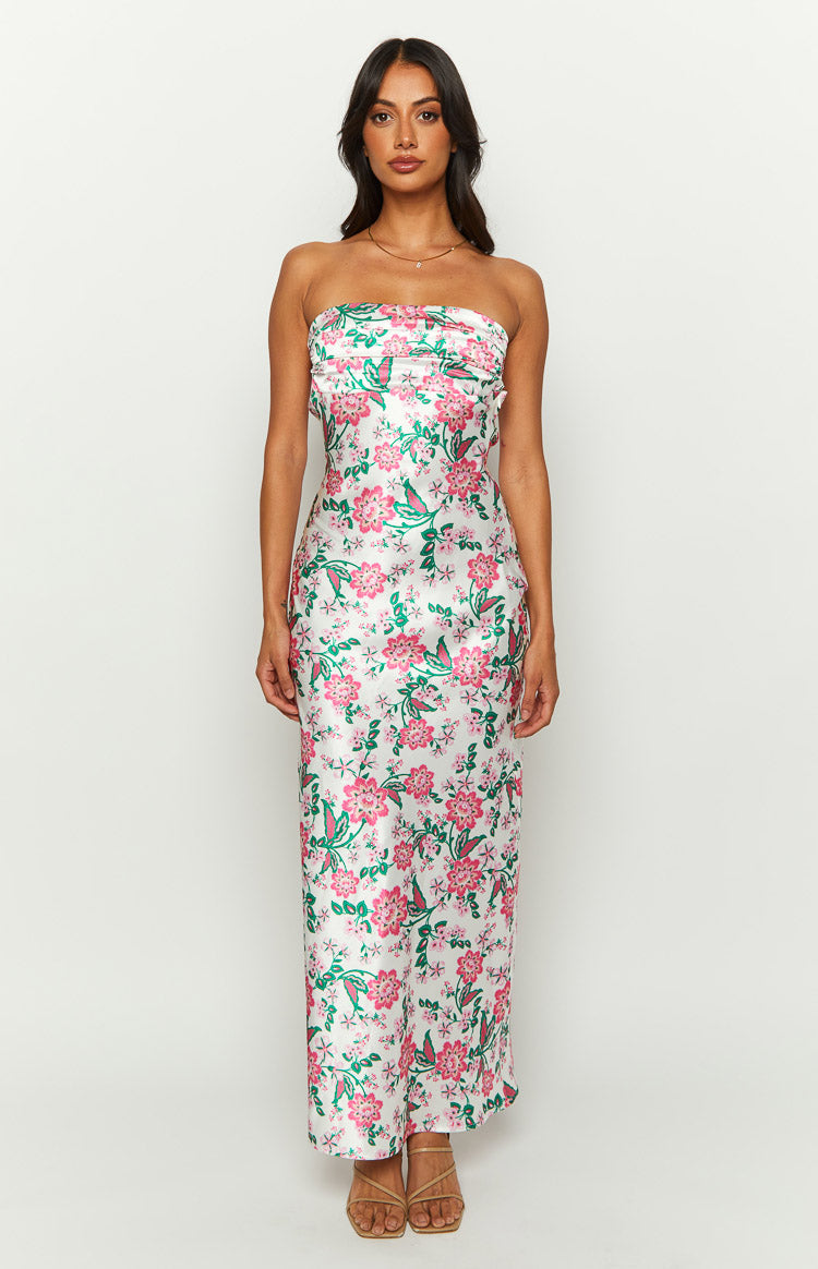 Astra Strapless Satin Midi Dress | Floral
