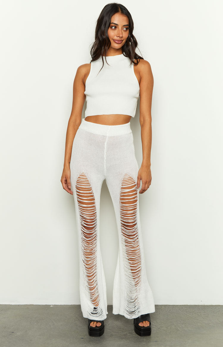 Aviva Ladder Knit Flare Pants | White