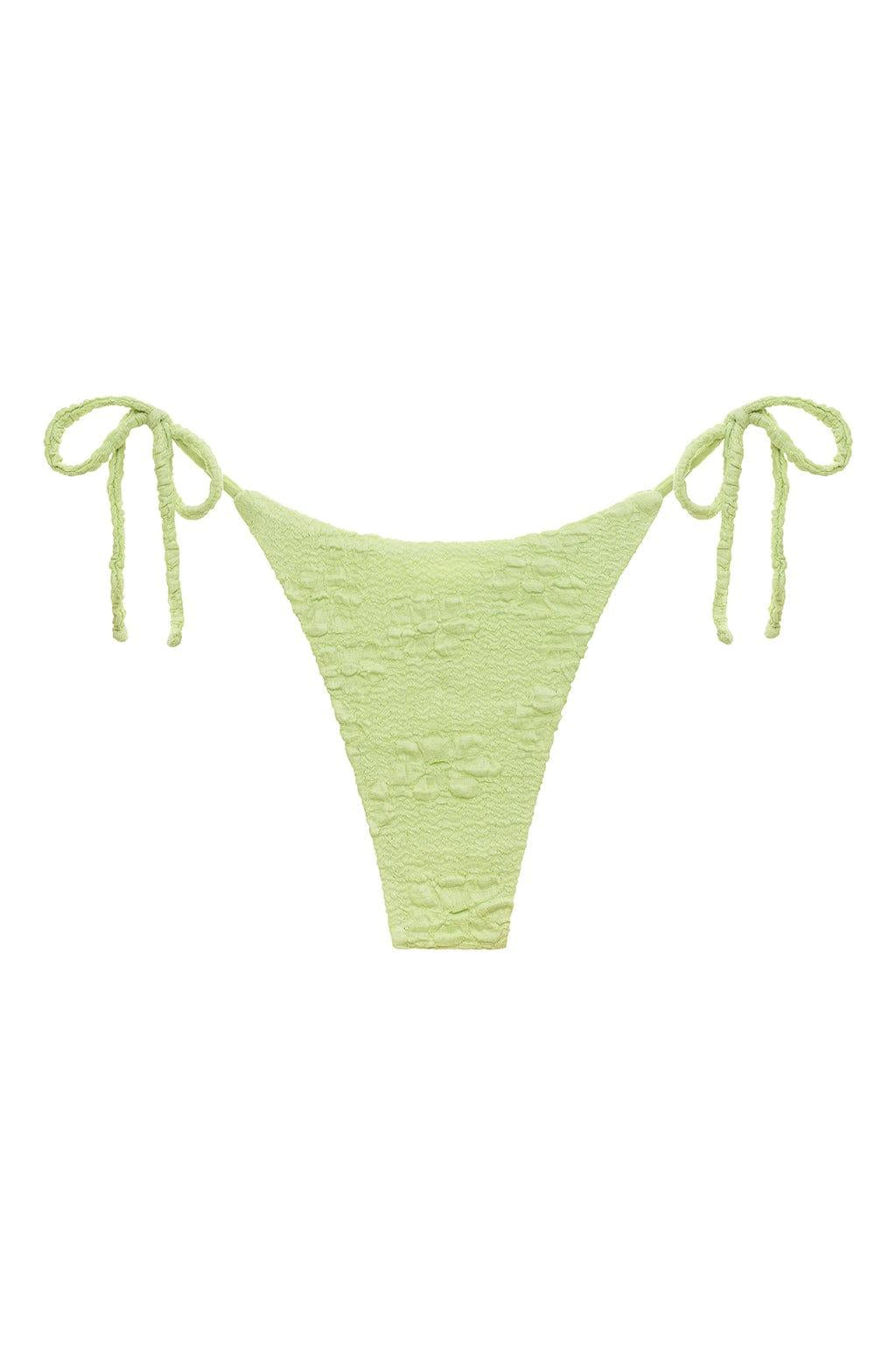 Lime green textured bikini bottom with tie-up side straps and high-cut design.