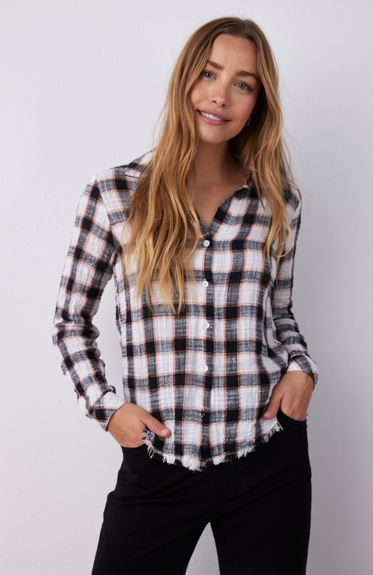 Frayed Hem Button Down - Black & White Check