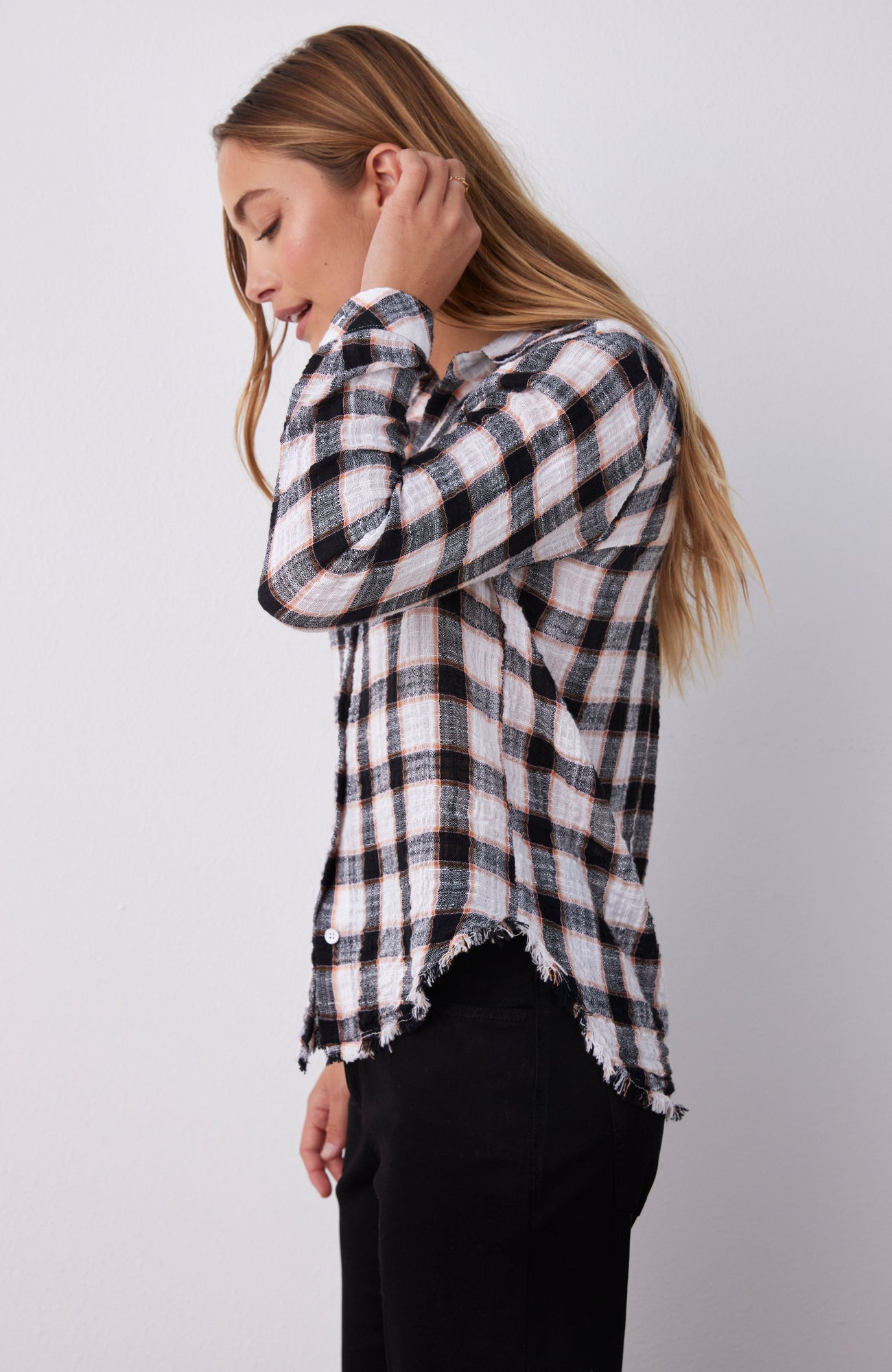 Frayed Hem Button Down - Black & White Check