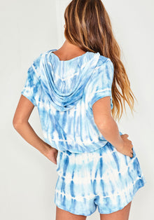 Front View: Loose fitting short with elastic tie waist in Tide Pool Stripe Dye