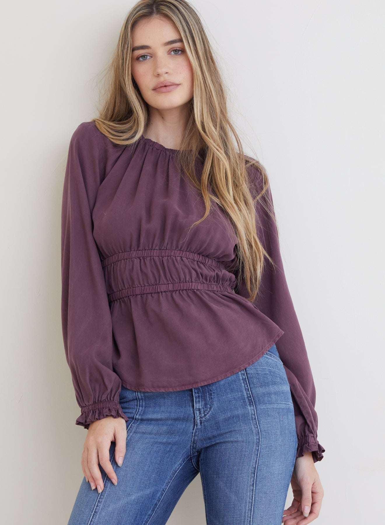 Long Sleeve Elastic Shirred Top - Huckleberry