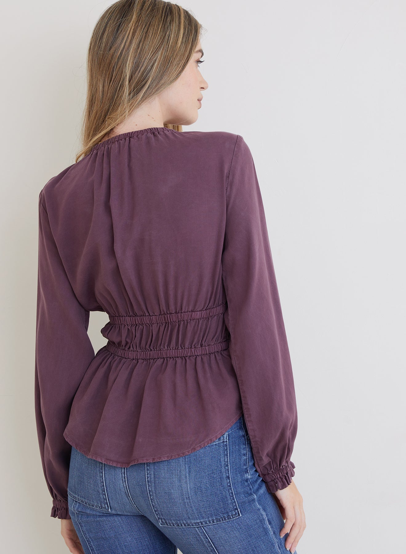 Long Sleeve Elastic Shirred Top - Huckleberry