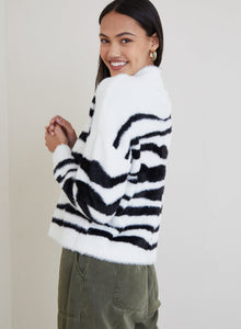 Fuzzy Mock Neck Sweater - Winter White Zebra