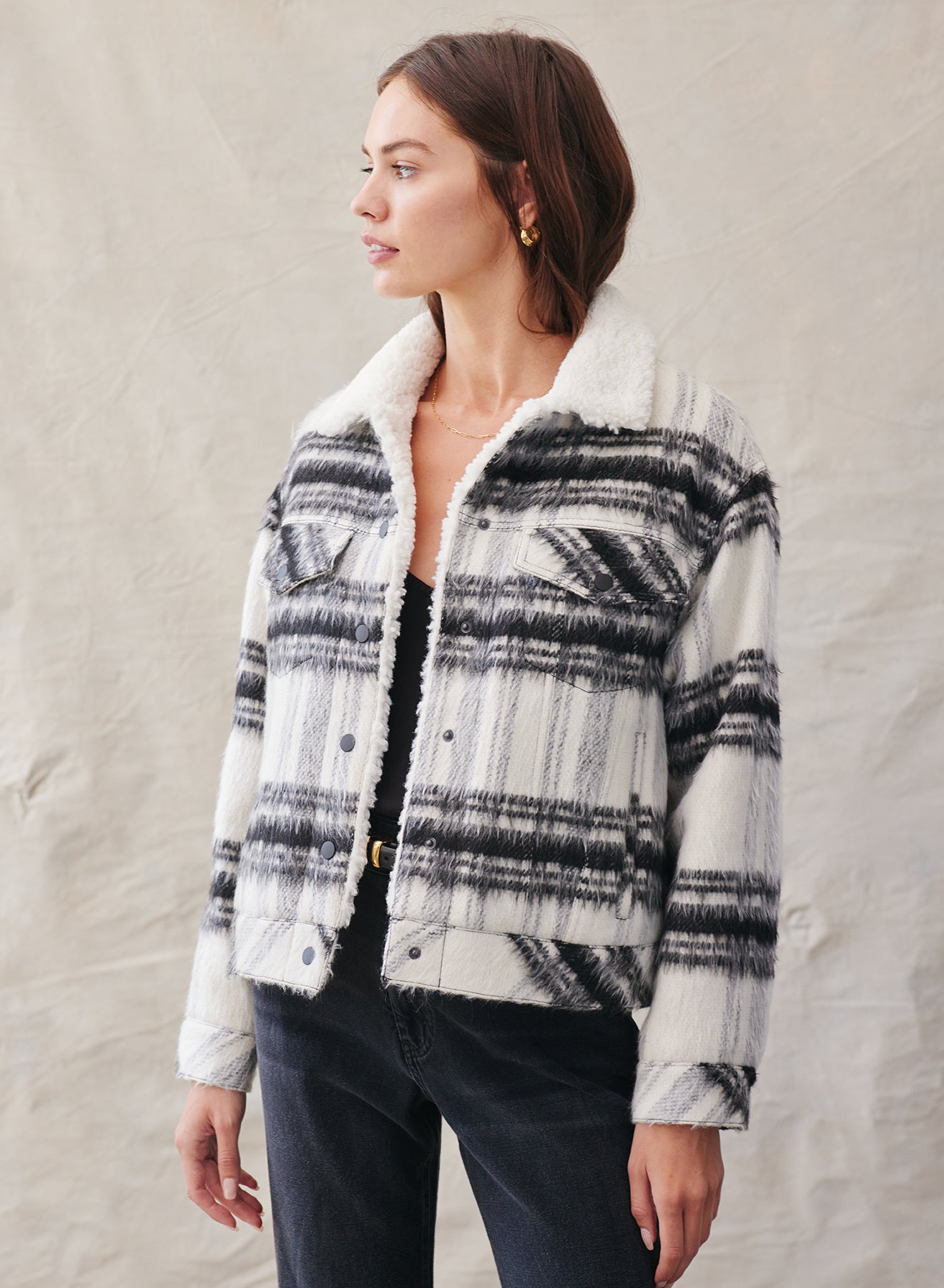 Sherpa Lined Trucker Jacket - White + Black Plaid