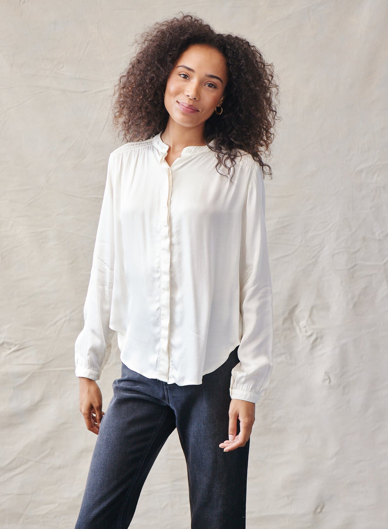 Smocked Button Down Shirt - Winter White